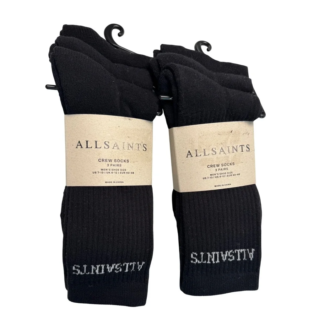 AllSaints Mens 6 Pair Crew Socks Black Ribbed Cotton Logo US 7-13